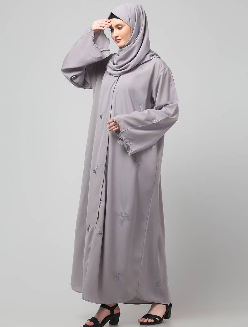 all over and hijab small flower embroidery front open abaya