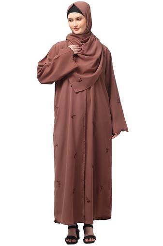 all over and hijab small flower embroidery front open abaya
