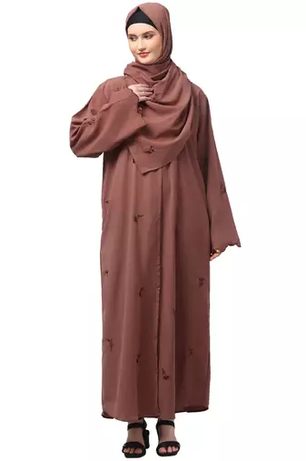 all over and hijab small flower embroidery front open abaya