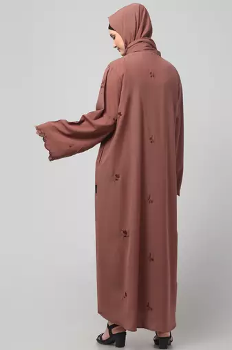 all over and hijab small flower embroidery front open abaya