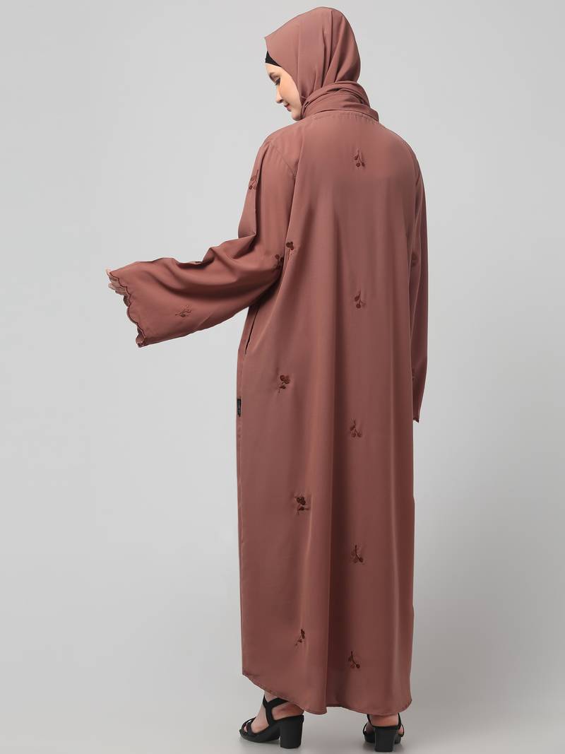 all over and hijab small flower embroidery front open abaya