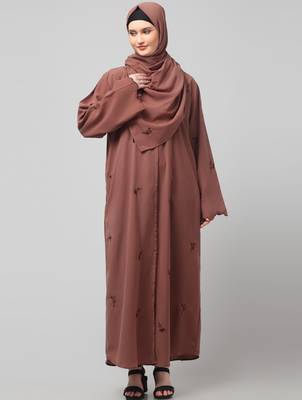 all over and hijab small flower embroidery front open abaya 3