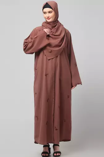 all over and hijab small flower embroidery front open abaya