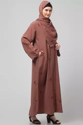 all over and hijab small flower embroidery front open abaya