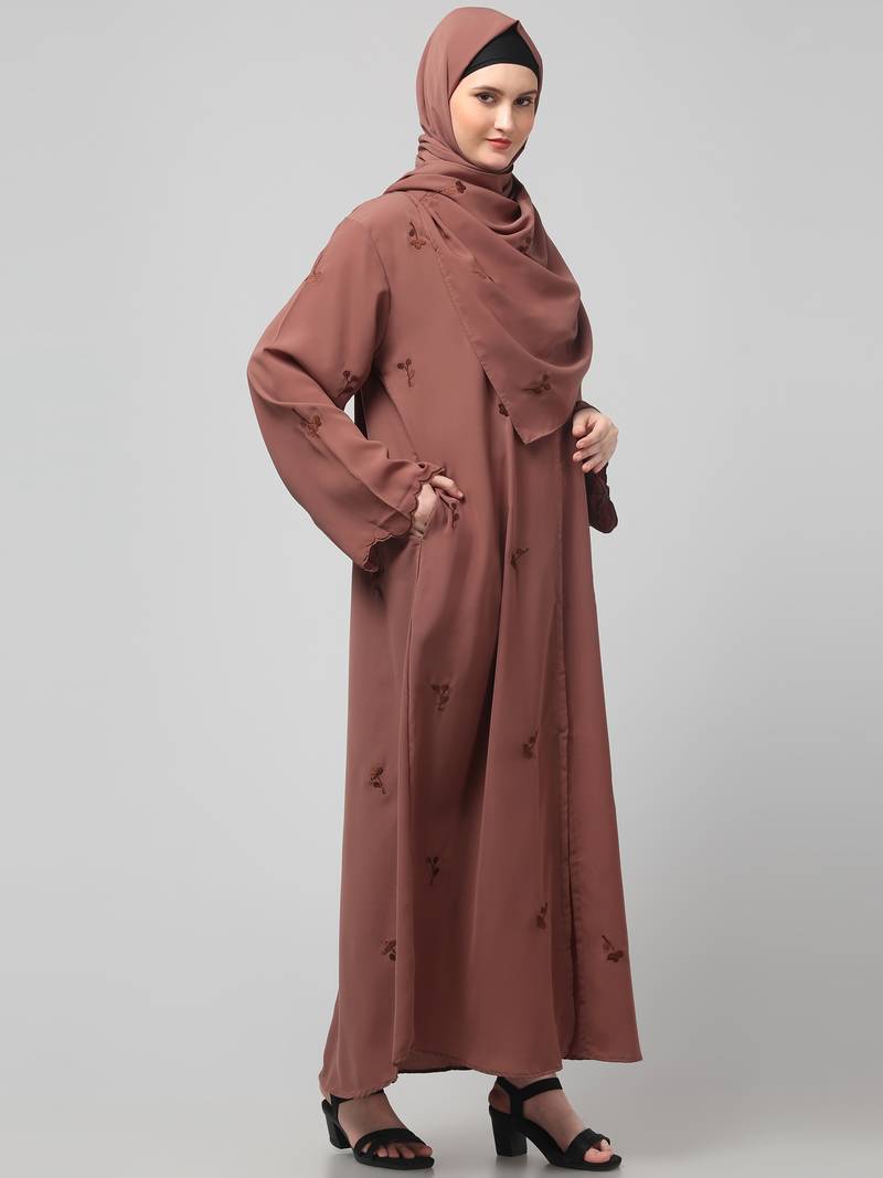 all over and hijab small flower embroidery front open abaya