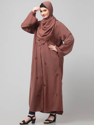 all over and hijab small flower embroidery front open abaya 5