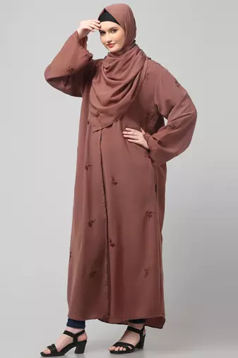 all over and hijab small flower embroidery front open abaya