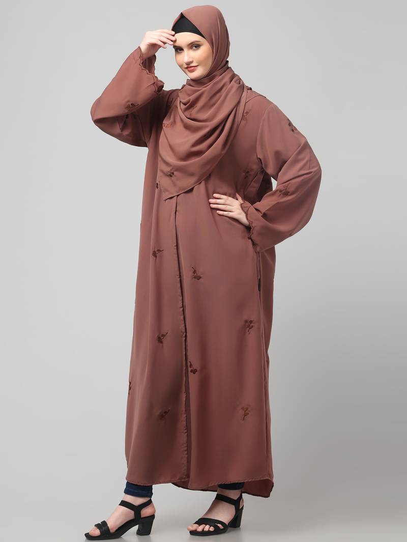 all over and hijab small flower embroidery front open abaya