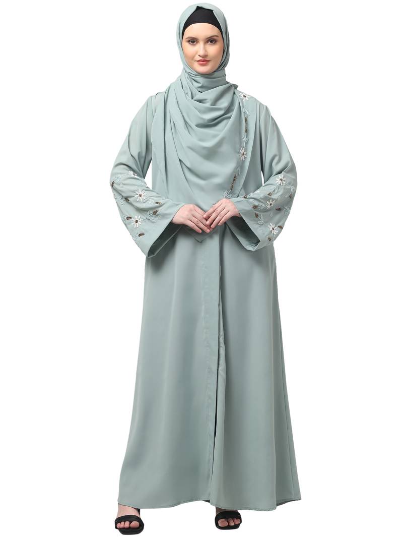 sleeves hand embrodery front open dubai style abaya with embroidered nida hijab