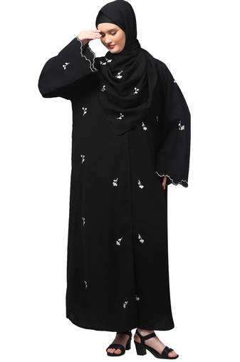 all over and hijab small flower embroidery front open abaya