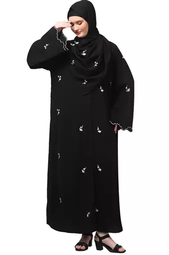 all over and hijab small flower embroidery front open abaya