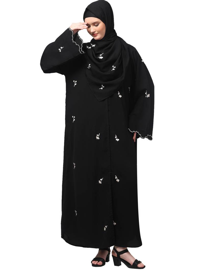 all over and hijab small flower embroidery front open abaya