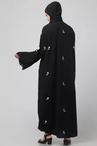 all over and hijab small flower embroidery front open abaya