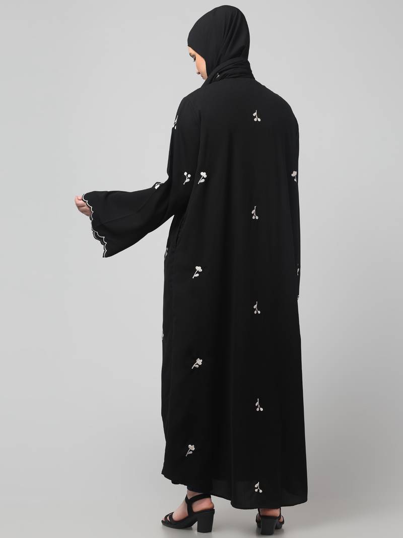 all over and hijab small flower embroidery front open abaya