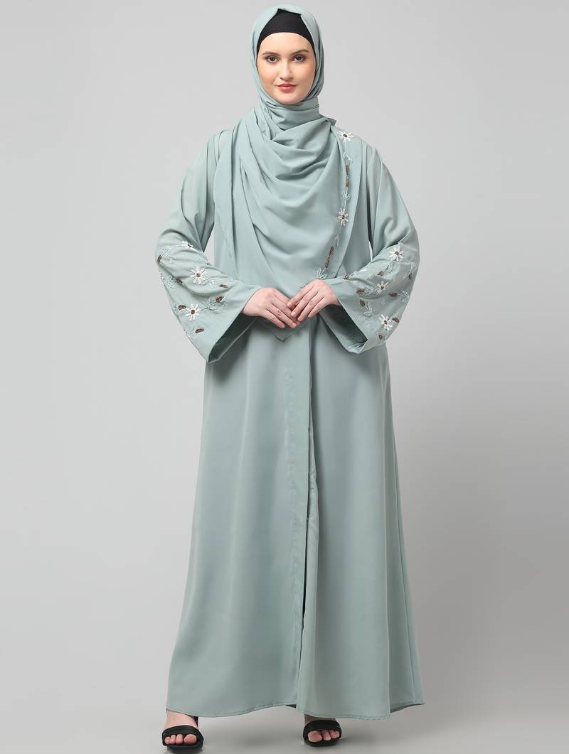 sleeves hand embrodery front open dubai style abaya with embroidered nida hijab