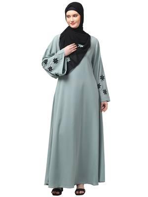 flowers embboidery at sleeve and hijab a line flare at bottom abaya with hijab 1