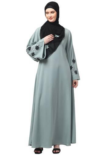flowers embboidery at sleeve and hijab a line flare at bottom abaya with hijab