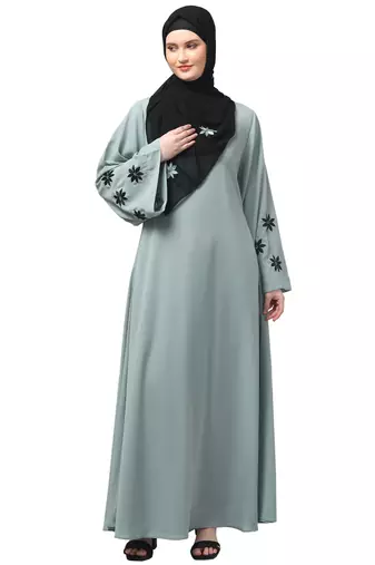 flowers embboidery at sleeve and hijab a line flare at bottom abaya with hijab