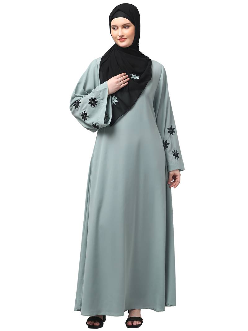 flowers embboidery at sleeve and hijab a line flare at bottom abaya with hijab