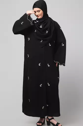 all over and hijab small flower embroidery front open abaya