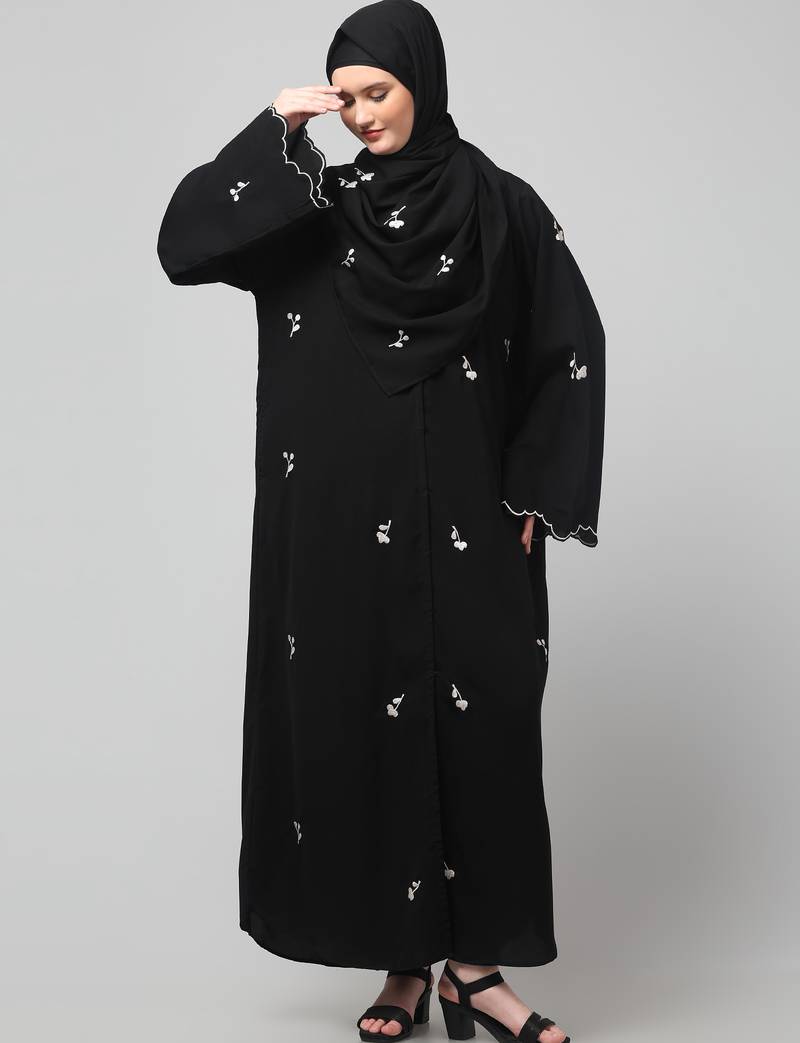 all over and hijab small flower embroidery front open abaya