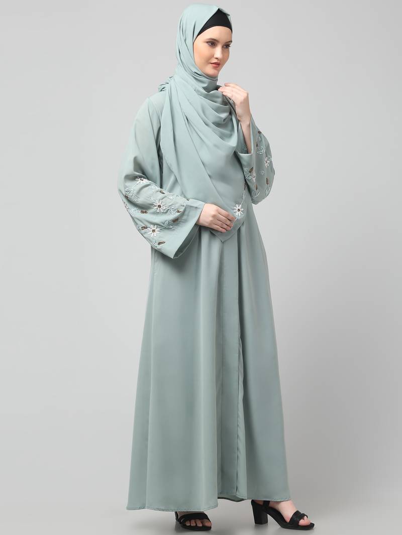 sleeves hand embrodery front open dubai style abaya with embroidered nida hijab