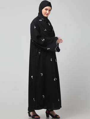all over and hijab small flower embroidery front open abaya 4