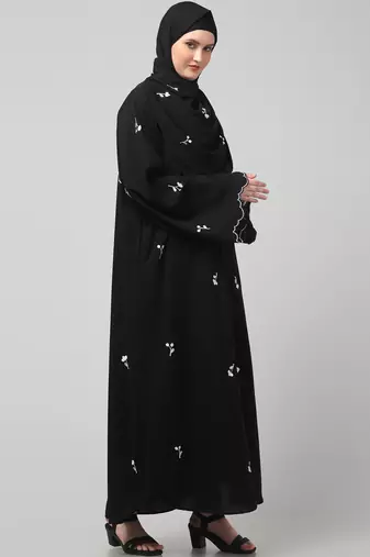 all over and hijab small flower embroidery front open abaya