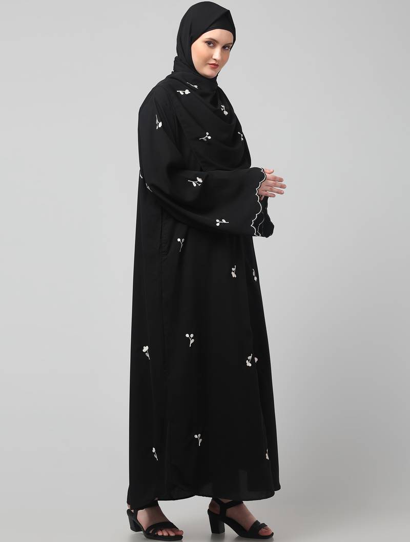 all over and hijab small flower embroidery front open abaya