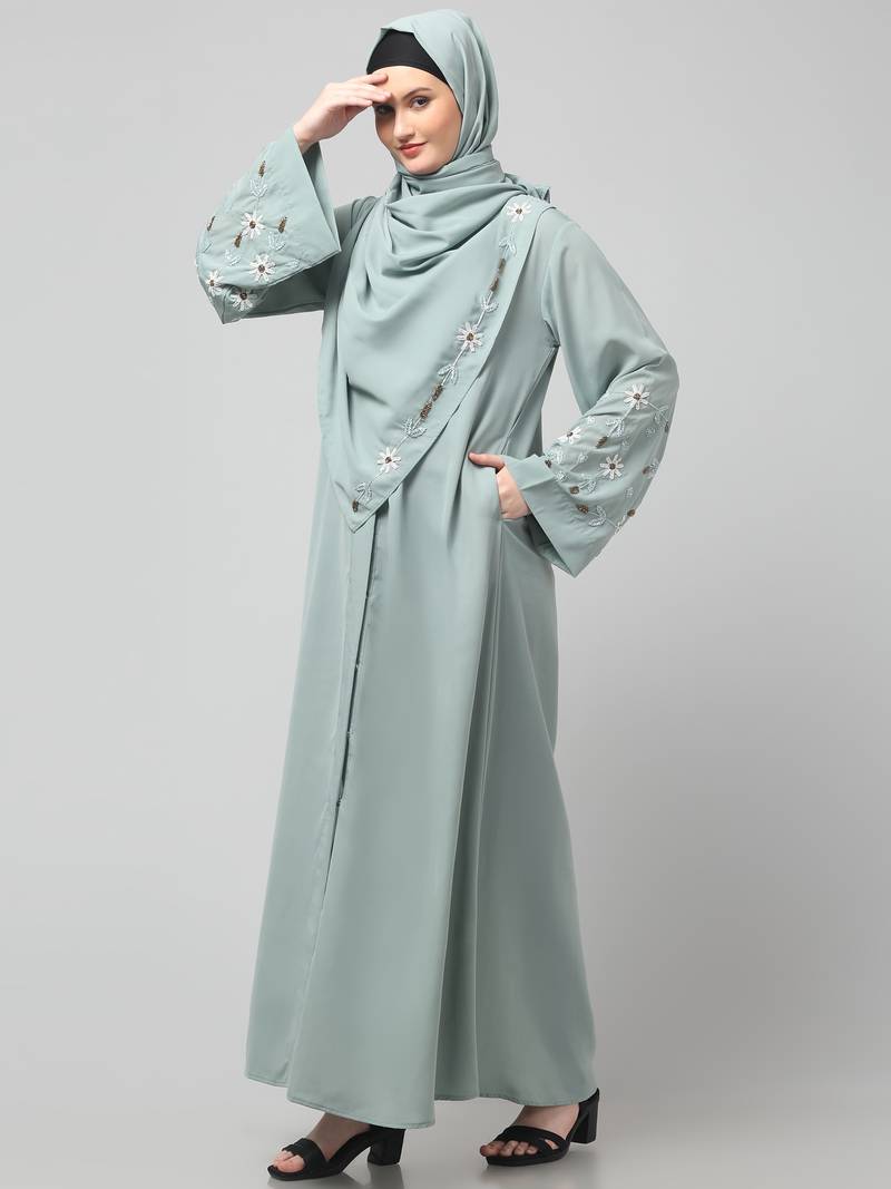 sleeves hand embrodery front open dubai style abaya with embroidered nida hijab