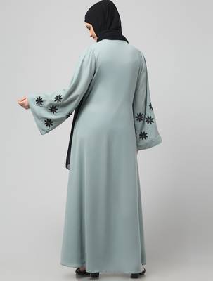 flowers embboidery at sleeve and hijab a line flare at bottom abaya with hijab 2