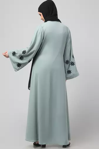 flowers embboidery at sleeve and hijab a line flare at bottom abaya with hijab