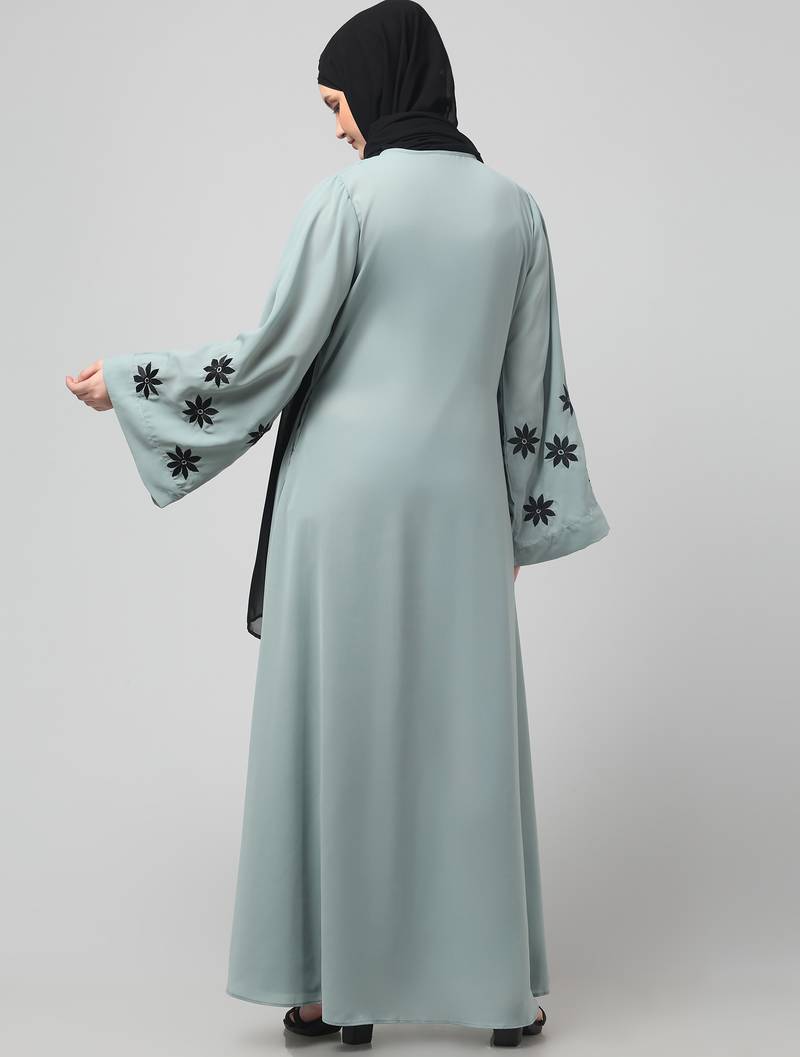 flowers embboidery at sleeve and hijab a line flare at bottom abaya with hijab