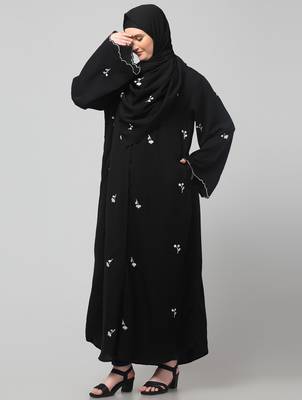 all over and hijab small flower embroidery front open abaya 5