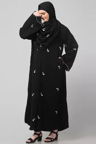 all over and hijab small flower embroidery front open abaya