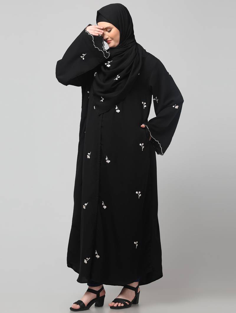 all over and hijab small flower embroidery front open abaya