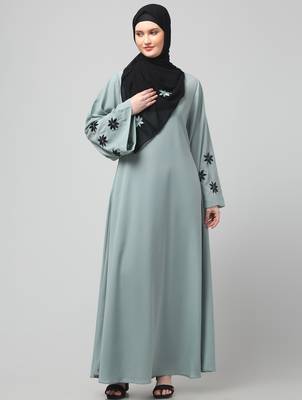 flowers embboidery at sleeve and hijab a line flare at bottom abaya with hijab 3