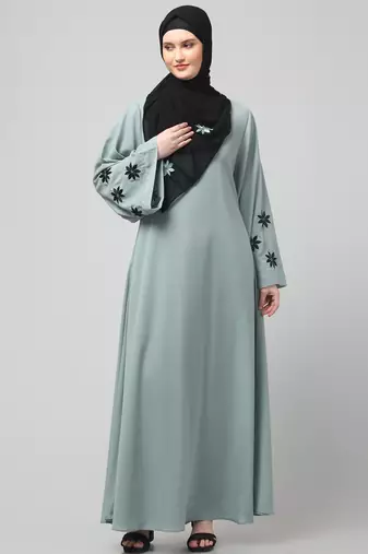 flowers embboidery at sleeve and hijab a line flare at bottom abaya with hijab