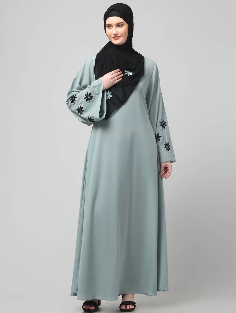 flowers embboidery at sleeve and hijab a line flare at bottom abaya with hijab