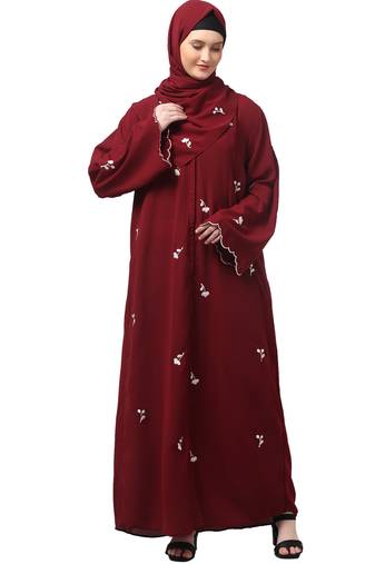 all over and hijab small flower embroidery front open abaya