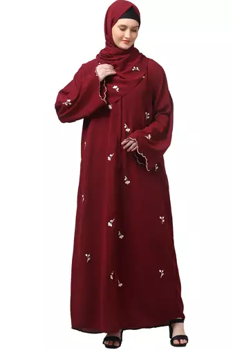 all over and hijab small flower embroidery front open abaya
