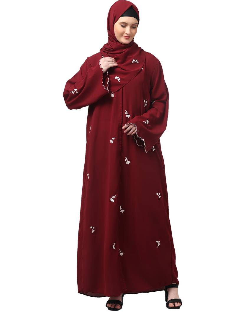 all over and hijab small flower embroidery front open abaya