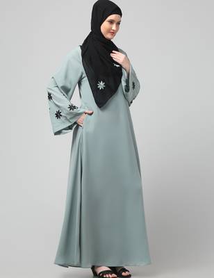 flowers embboidery at sleeve and hijab a line flare at bottom abaya with hijab 4