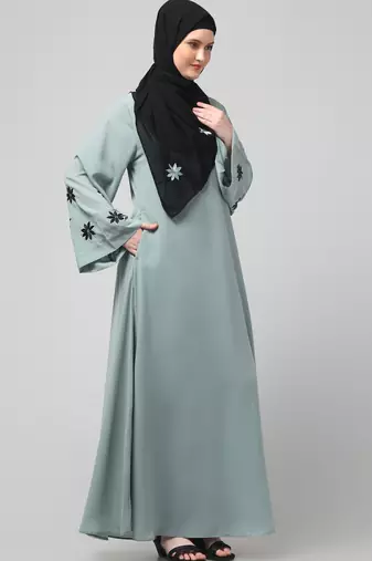 flowers embboidery at sleeve and hijab a line flare at bottom abaya with hijab