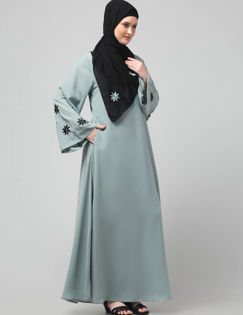 flowers embboidery at sleeve and hijab a line flare at bottom abaya with hijab