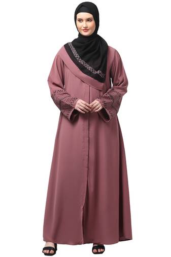 sleeves and hijab flowers and lines embroidry front open abaya