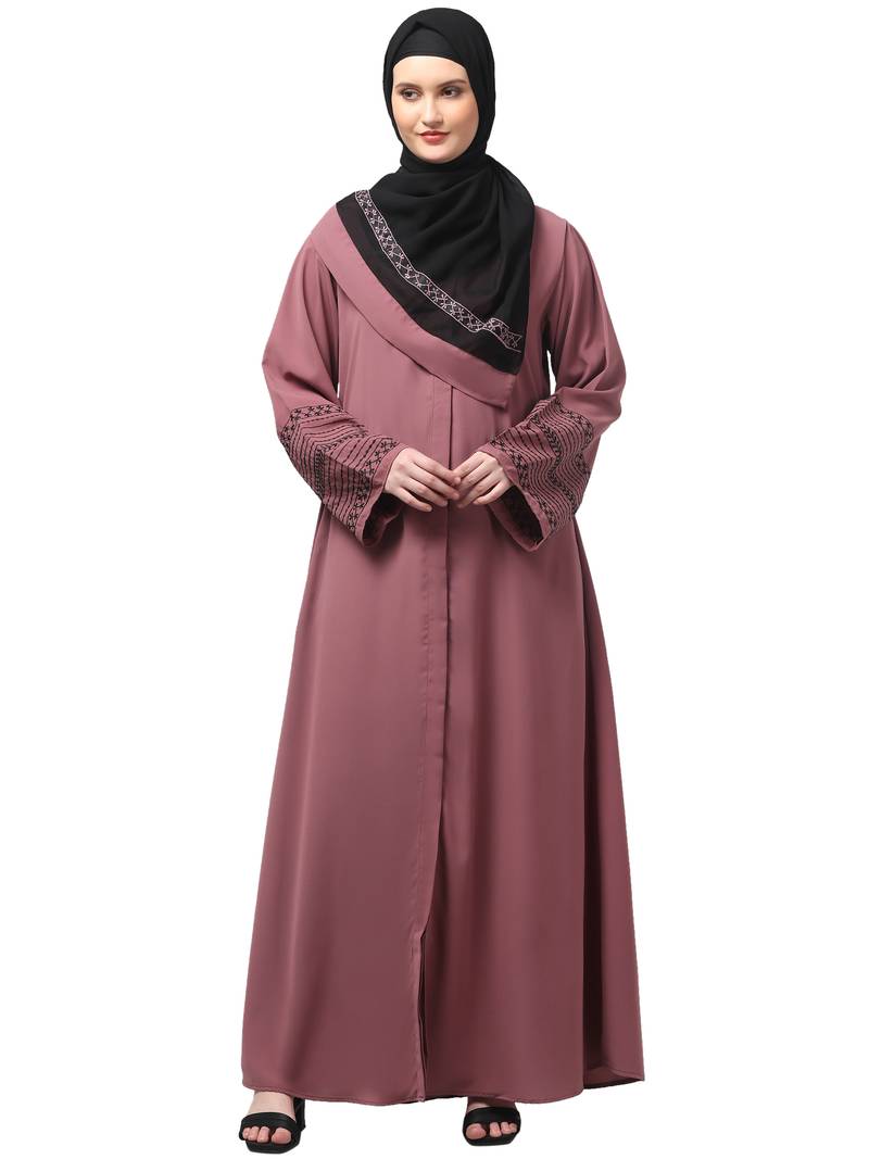 sleeves and hijab flowers and lines embroidry front open abaya