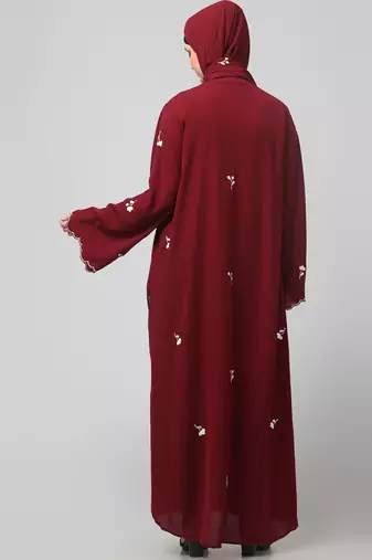 all over and hijab small flower embroidery front open abaya