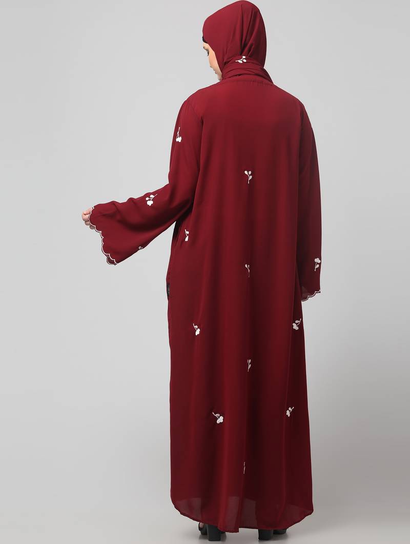 all over and hijab small flower embroidery front open abaya