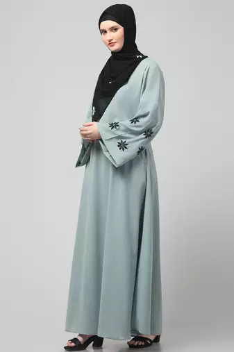 flowers embboidery at sleeve and hijab a line flare at bottom abaya with hijab